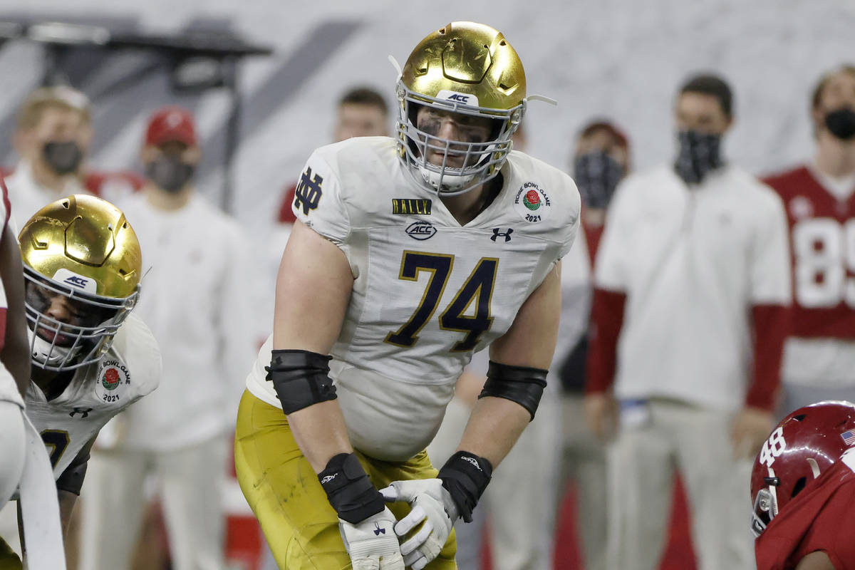 Notre Dame offensive lineman Liam Eichenberg (74) lines up against Alabama during the Rose Bowl ...