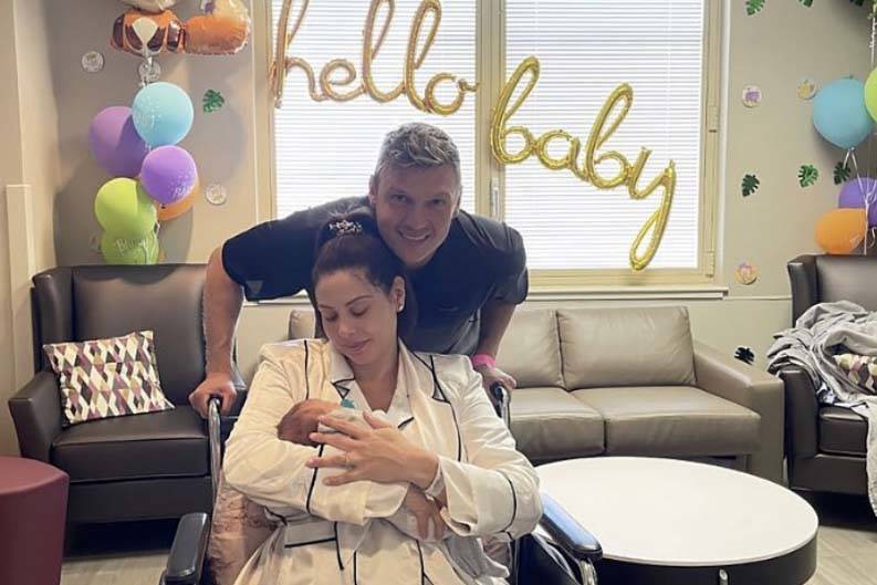 Nick Carter and Lauren Kitt Carter are shown with their new daughter at Southern Hills Hospital ...