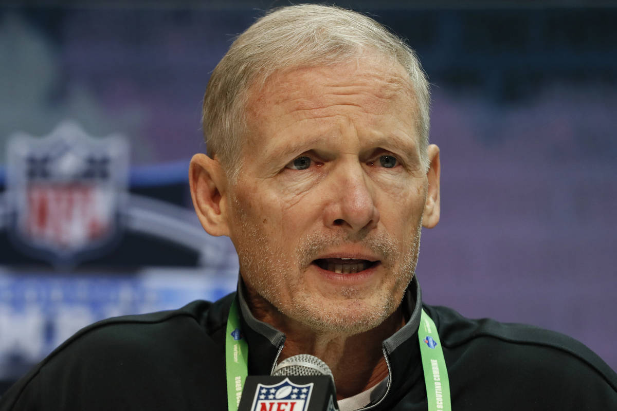 FILE - Las Vegas Raiders general manager Mike Mayock speaks during a press conference at the NF ...
