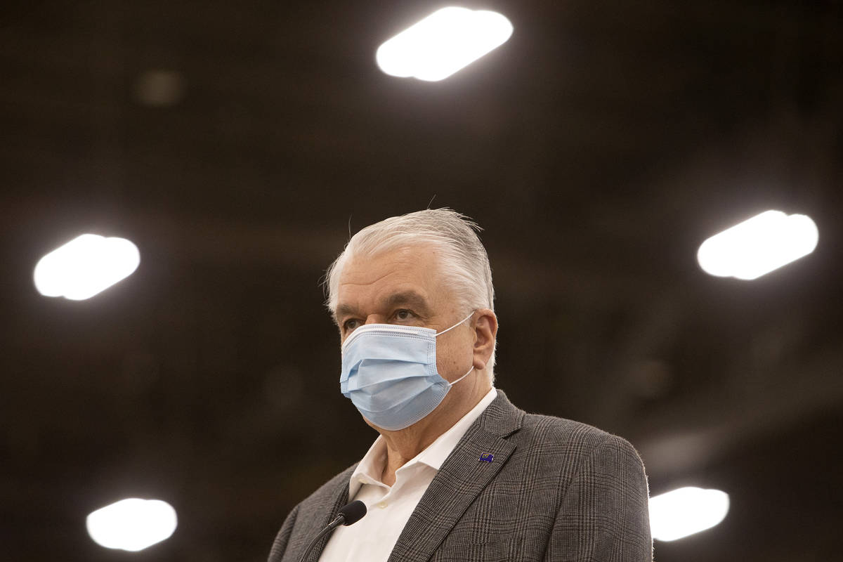 Gov. Steve Sisolak gives an update to the press on Nevada's vaccination efforts ahead of the st ...