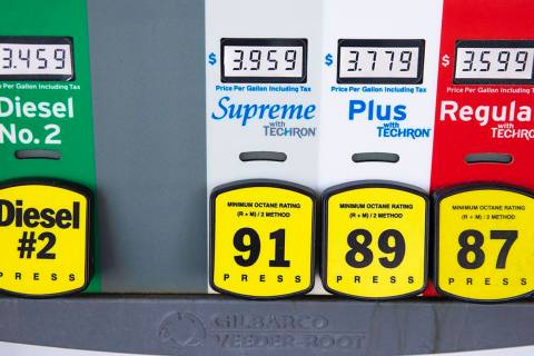 Gas and diesel prices are displayed at Chevron on Tropicana Avenue, on Wednesday, April 21, 202 ...
