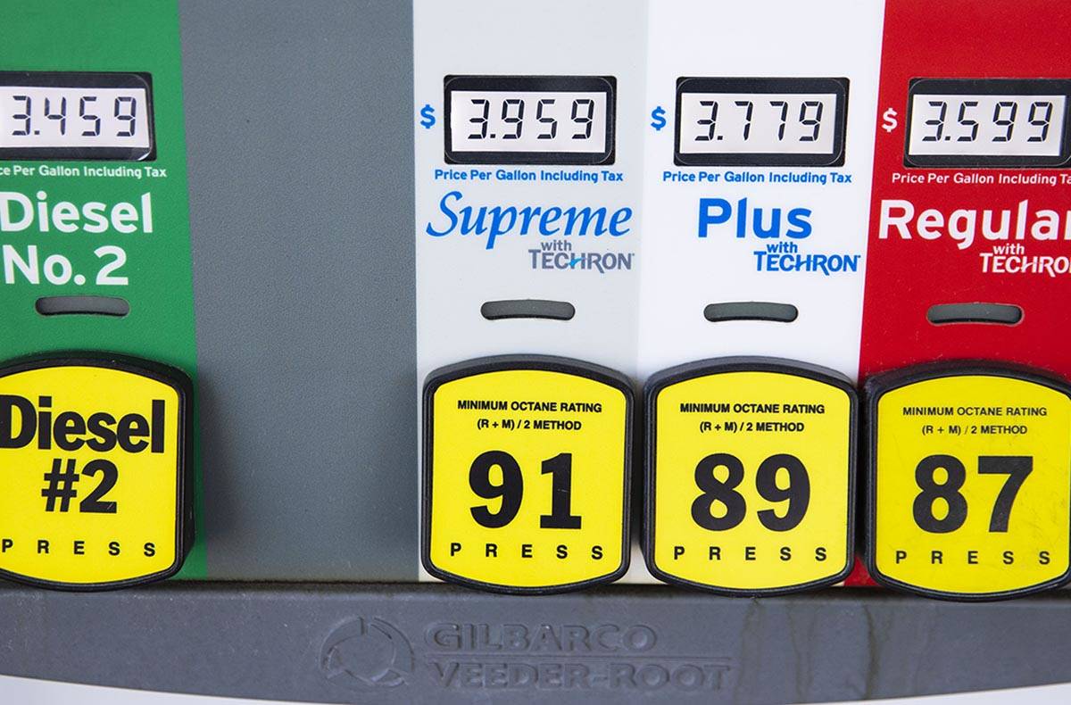Gas and diesel prices are displayed at Chevron on Tropicana Avenue, on Wednesday, April 21, 202 ...