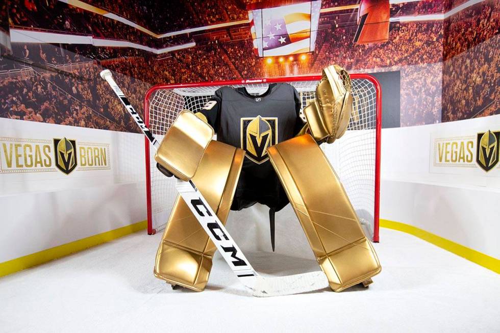 A photo station at Golden Knights-themed popup at Crimson Lounge at Red Rock Casino on Thursday ...