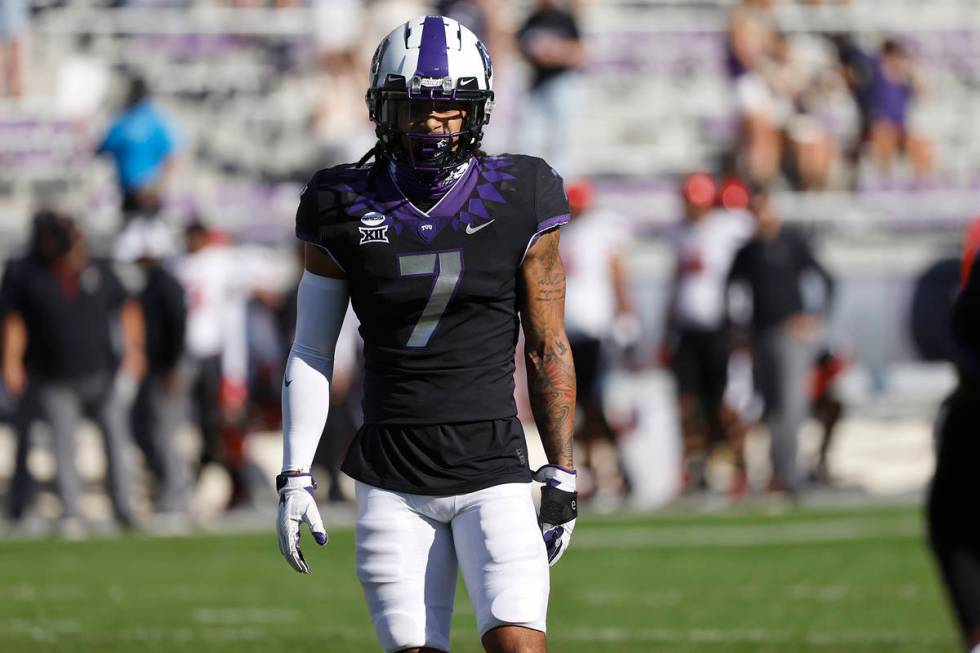 TCU safety Trevon Moehrig (7) looks on against Texas Tech during the first half of an NCAA coll ...