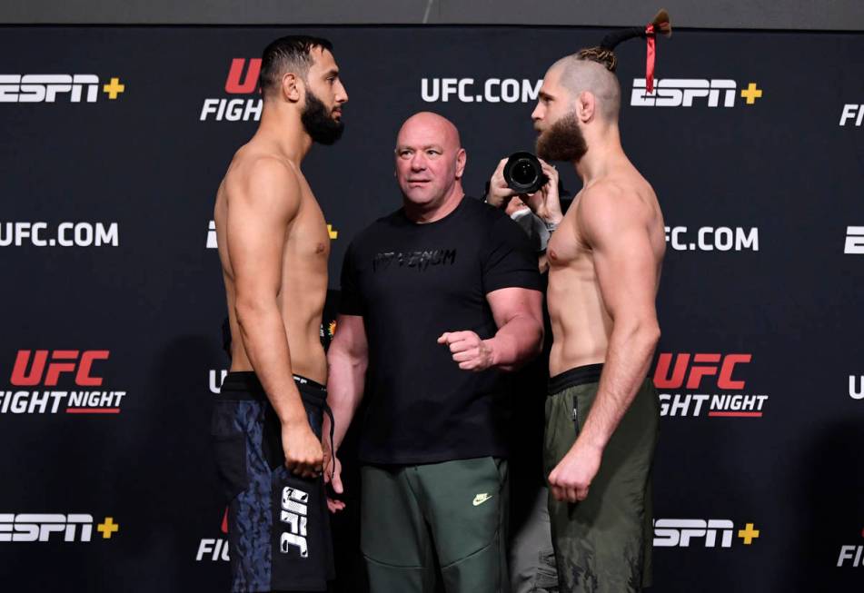 Opponents Dominick Reyes and Jiri Prochazka of the Czech Republic face off during the UFC weigh ...