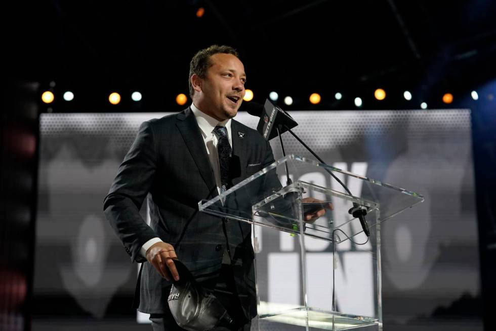 Alec Ingold announces the Las Vegas Raiders pick during the third round of the NFL Draft on Fri ...