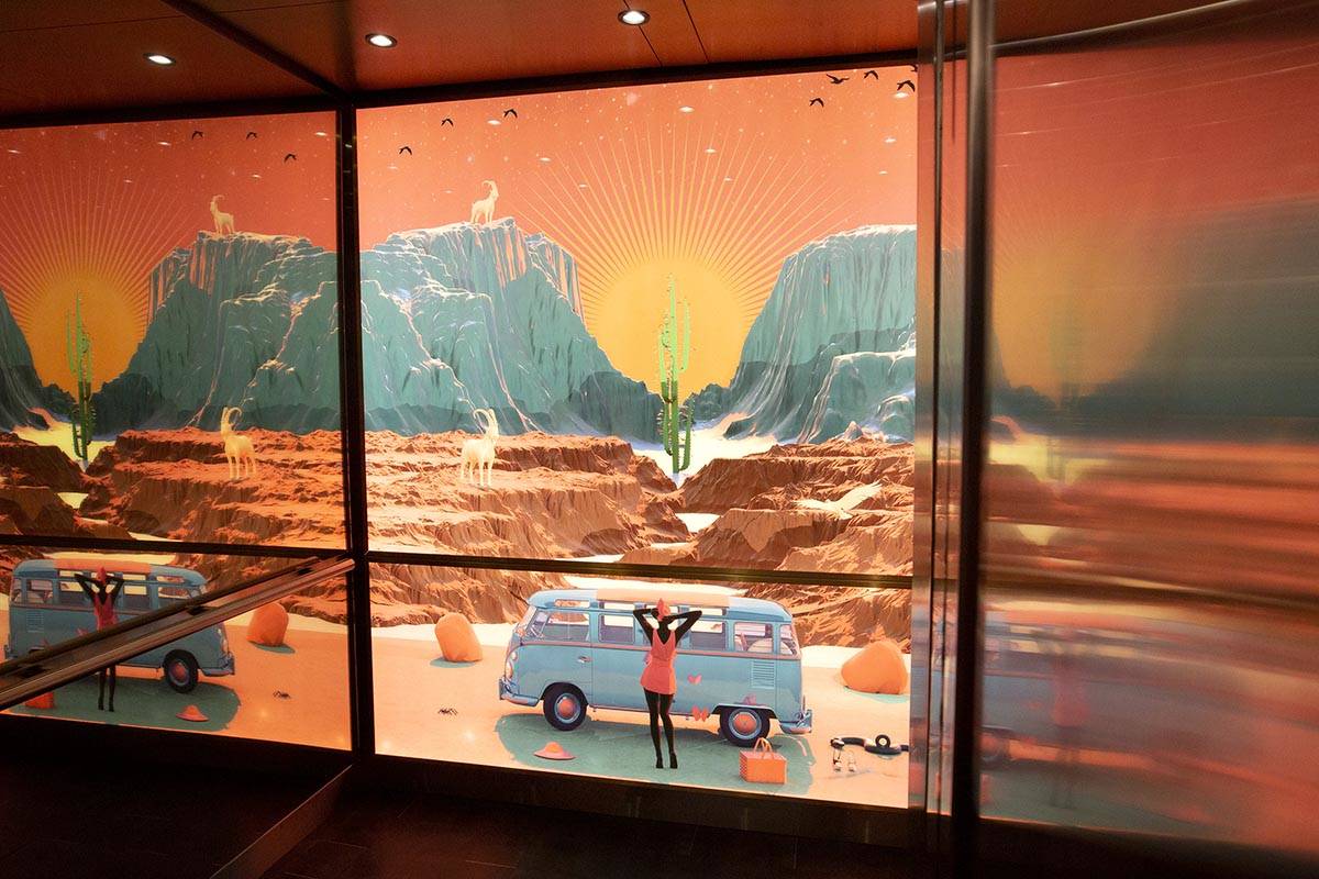 An elevator features southwest-themed art at Virgin Hotels Las Vegas on Friday, April 30, 2021, ...