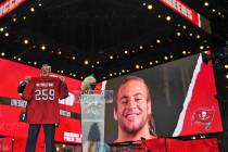 A Mr. Irrelevant jersey is held up for the Tampa Bay Buccaneers' pick during the seventh round ...