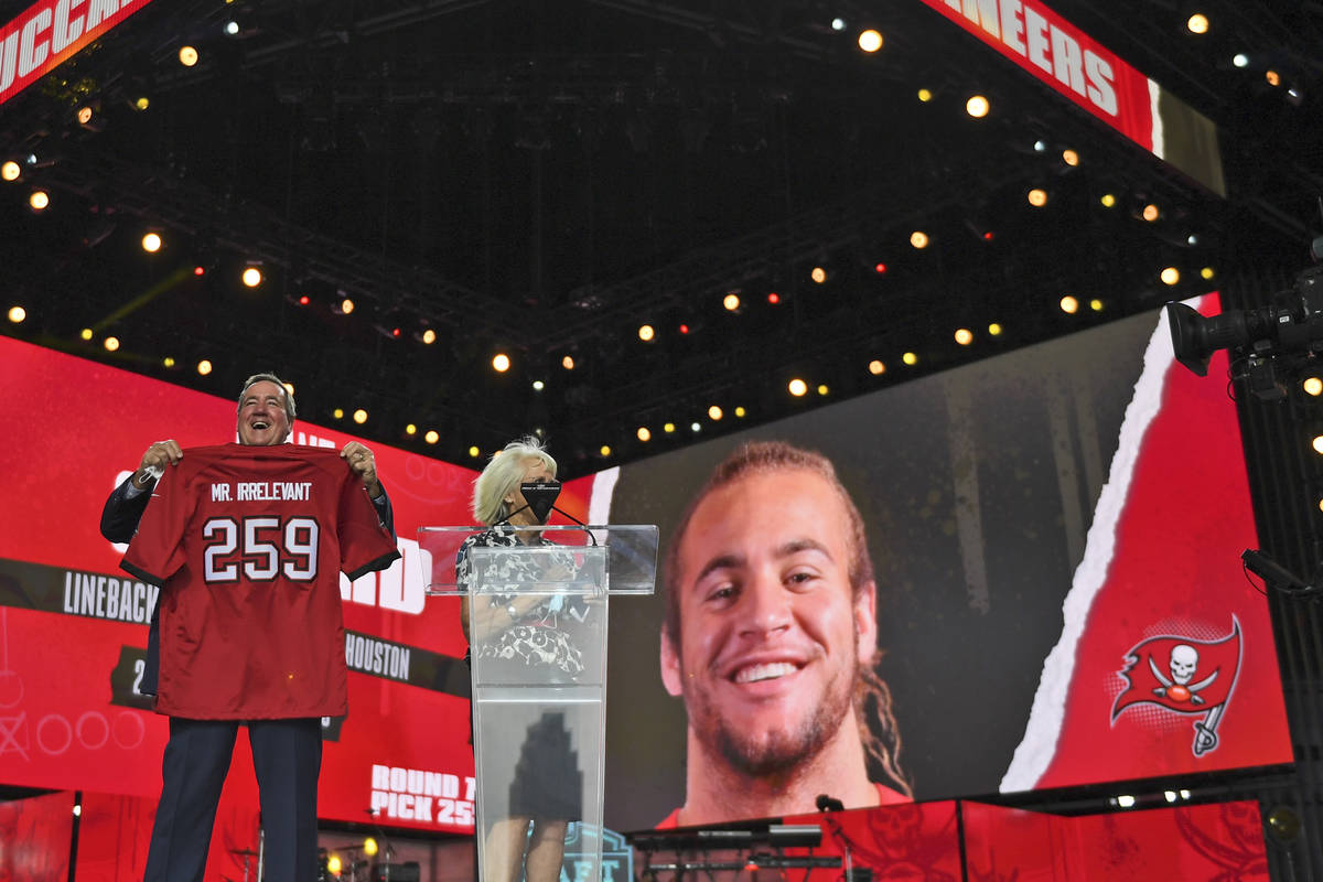 A Mr. Irrelevant jersey is held up for the Tampa Bay Buccaneers' pick during the seventh round ...