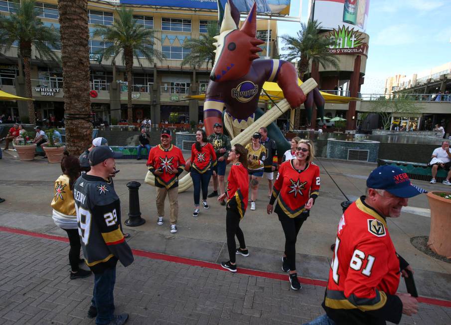 Golden Knights from Las Vegas and Southern California congregate before a road game against the ...