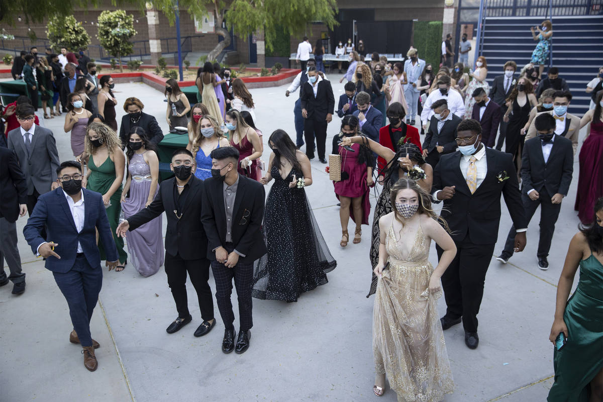 Students dance during the Liberty High School prom in Henderson, Saturday, May 1, 2021. (Erik V ...