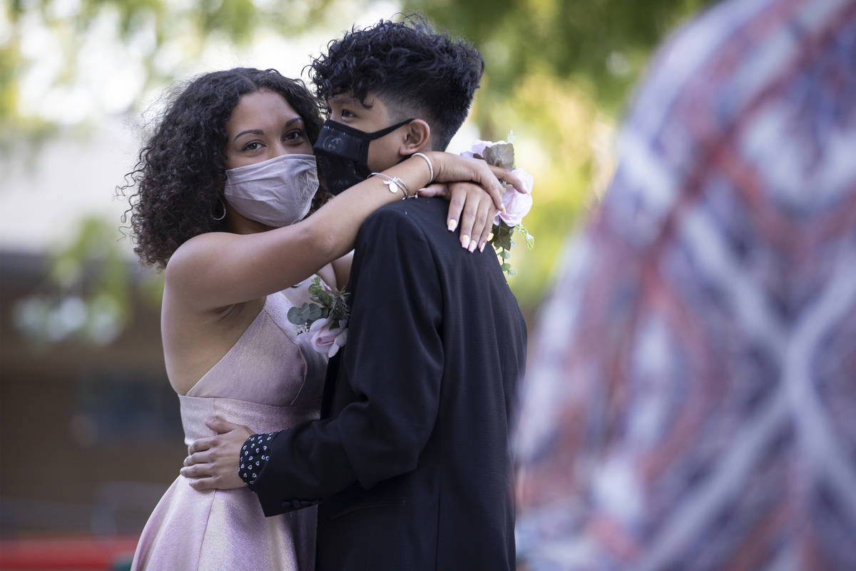 Margaret Casillas, left, with her boyfriend Jayden Sabala, dance to a couple's song during the ...