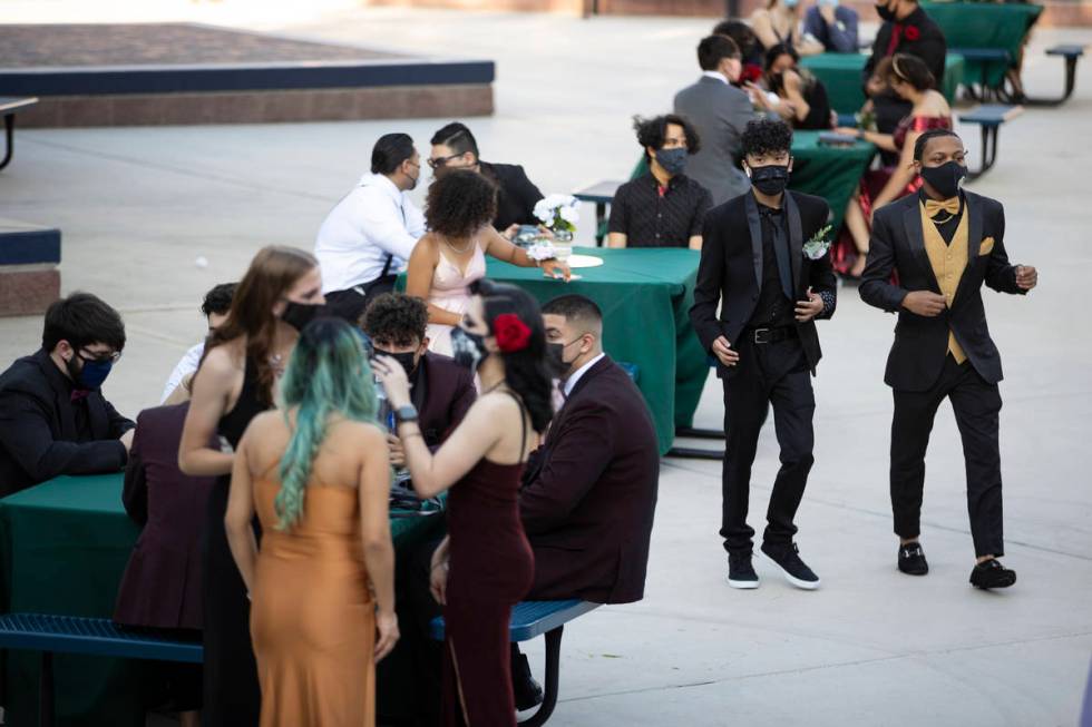 Students attend the Liberty High School prom in Henderson, Saturday, May 1, 2021. (Erik Verduzc ...