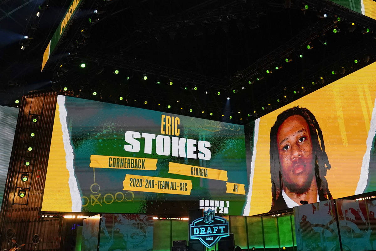 Images of Georgia cornerback Eric Stokes are displayed on stage after he was chosen with by the ...