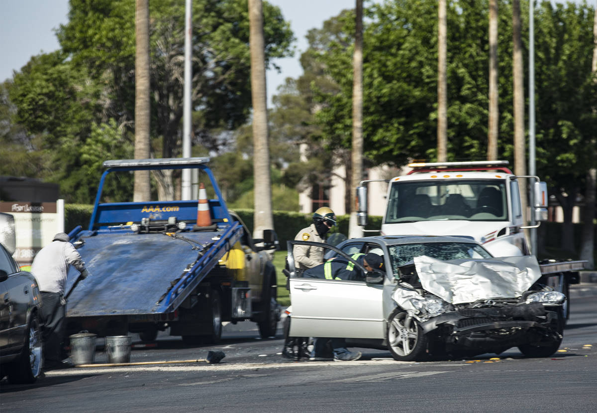 A car crash at Sunset and Paradise Road in Las Vegas, Sunday, May 2, 2021. (Rachel Aston/Las Ve ...