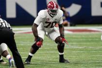 Alabama offensive lineman Alex Leatherwood (70) works against Florida during the first half of ...