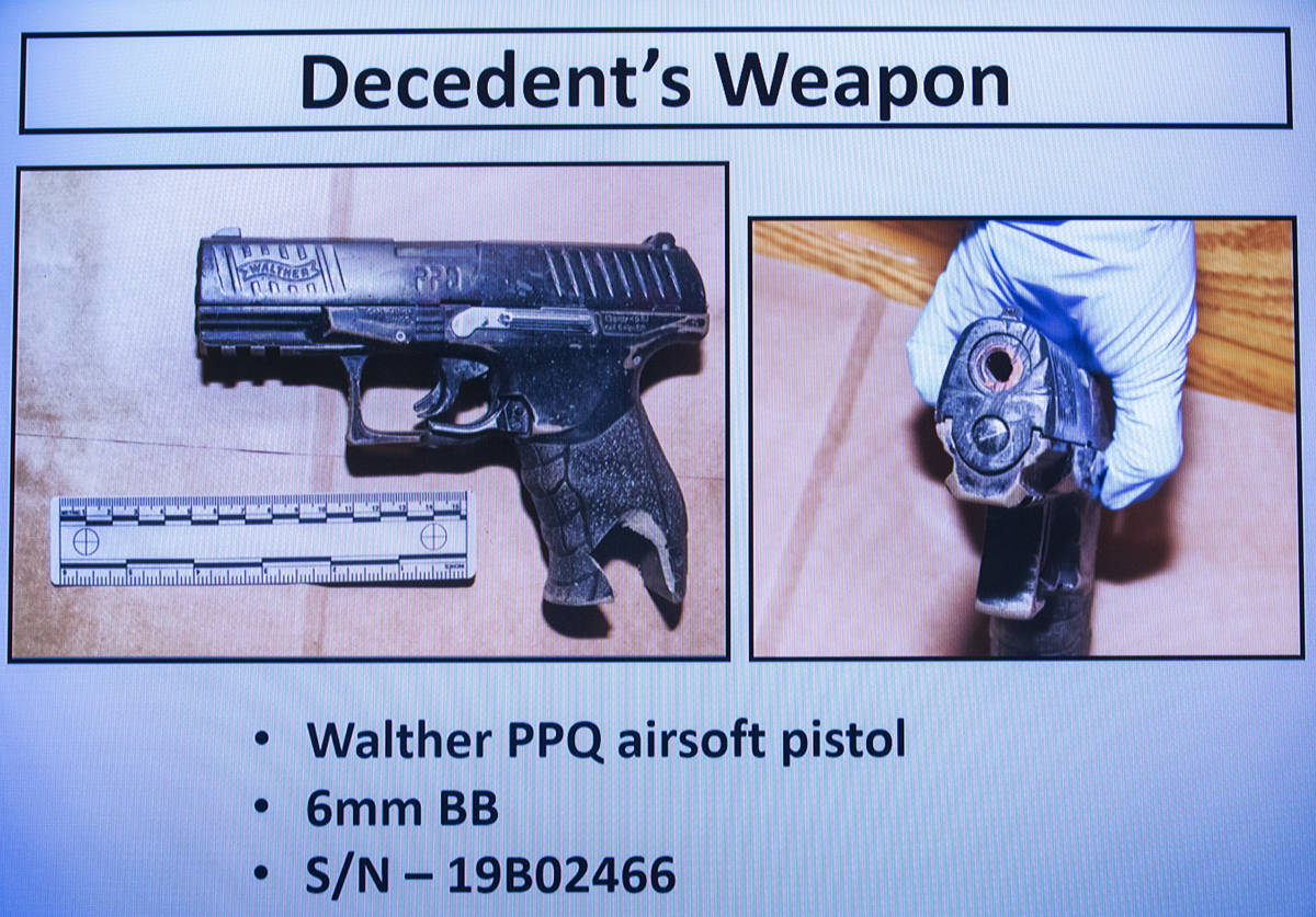 Joshua Squires' weapon was displayed inside commission chambers at the Clark County Government ...