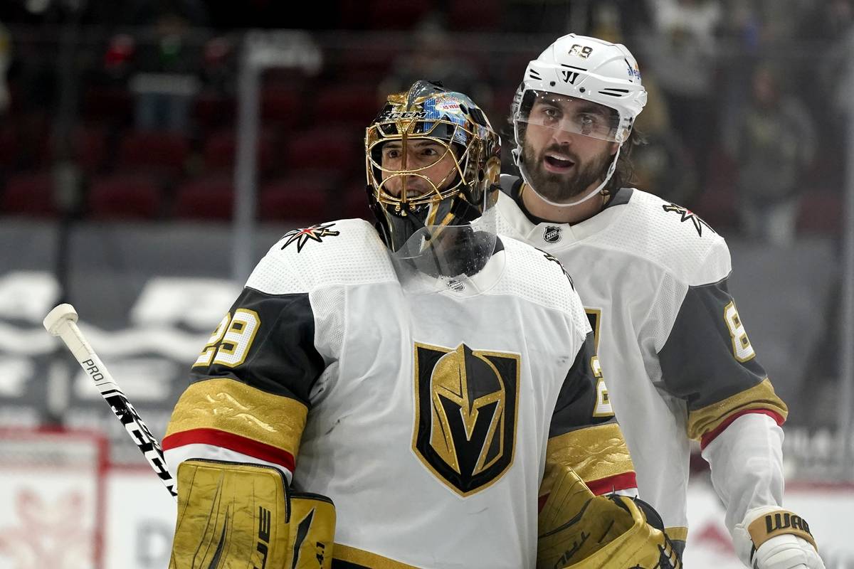 Vegas Golden Knights goaltender Marc-Andre Fleury (29) smiles as he celebrates a win against th ...
