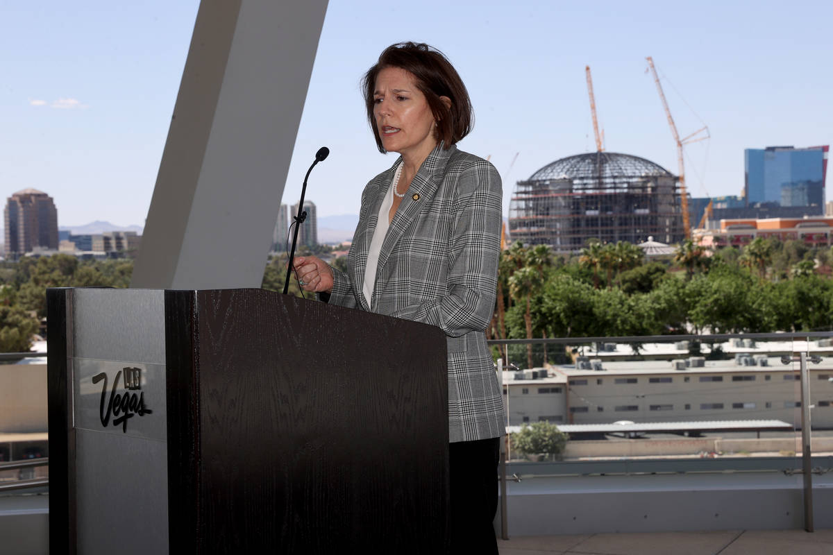 Sen. Catherine Cortez Masto, D-Nev., speaks on The Terrace during a tour of the West Hall expan ...