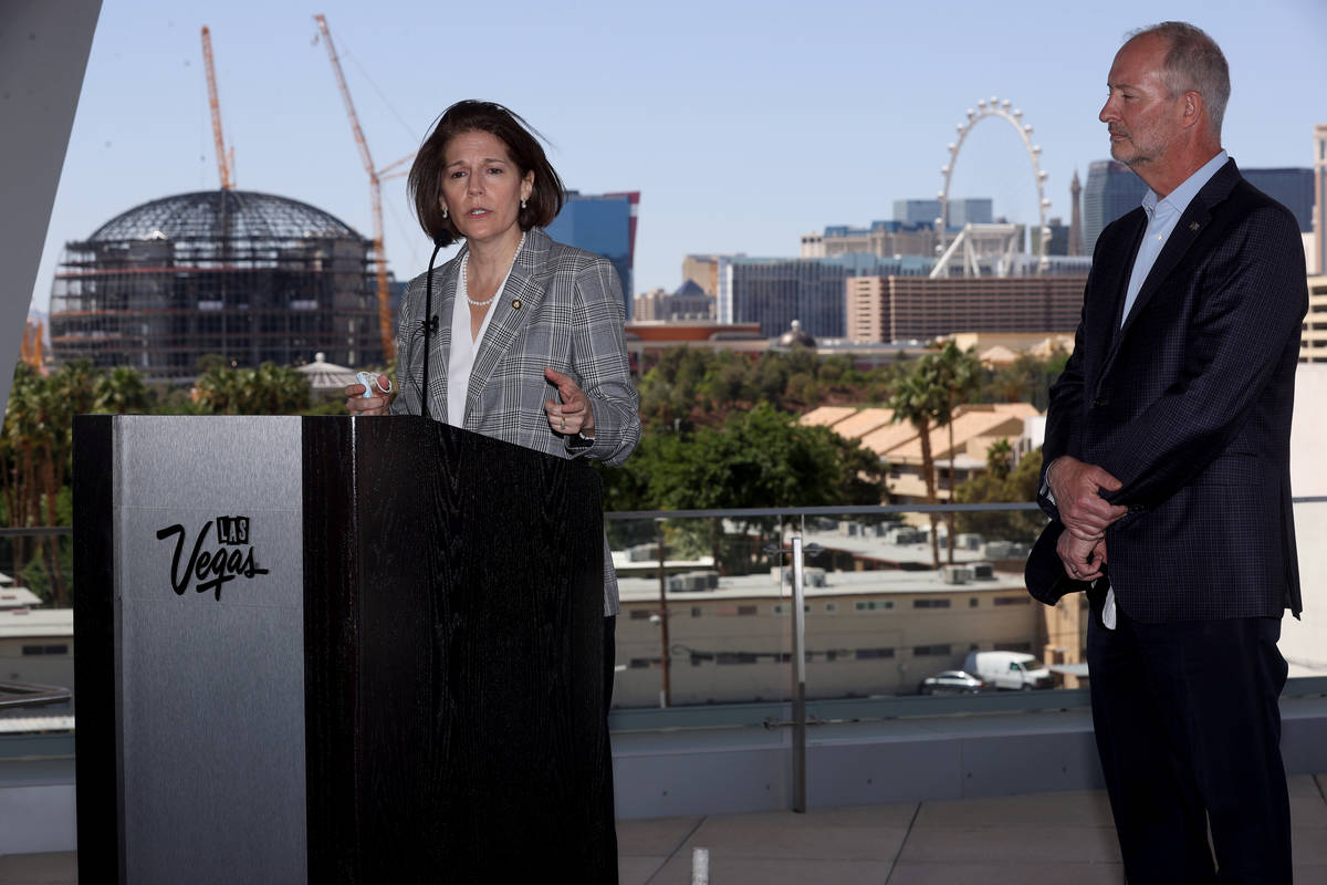Sen. Catherine Cortez Masto, D-Nev., talks to the news media with Las Vegas Convention and Visi ...