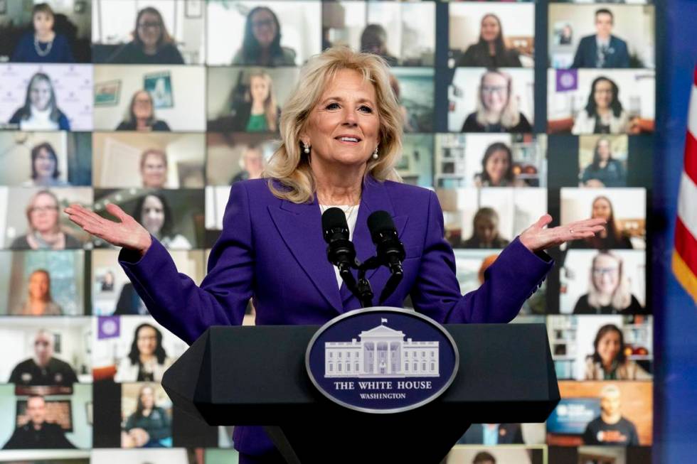First lady Jill Biden speaks at a virtual event with military families from around the world as ...