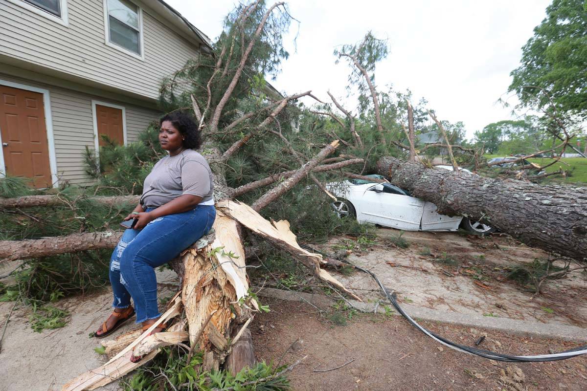 Myesha Gore of Calhoun City, Miss., sits on the trunk of a shattered pine tree Monday, May 3, 2 ...