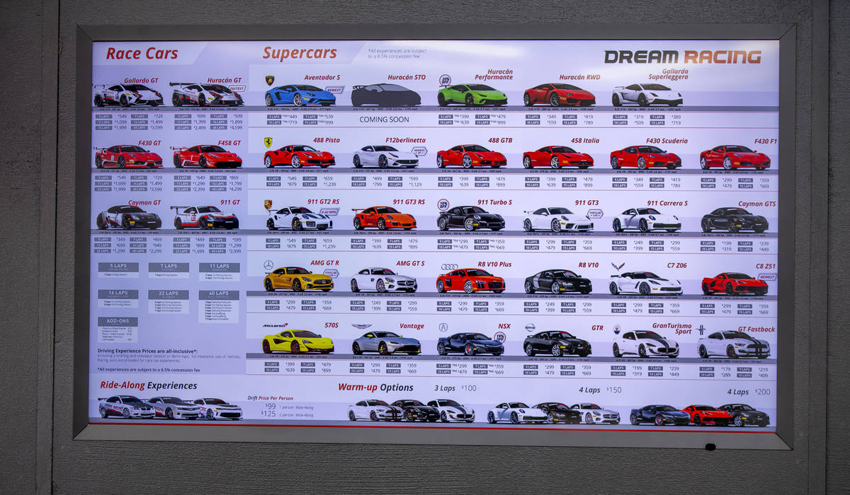 A graphic of the cars one can drive and the cost breakdown at Dream Racing as UNLV coaches brin ...