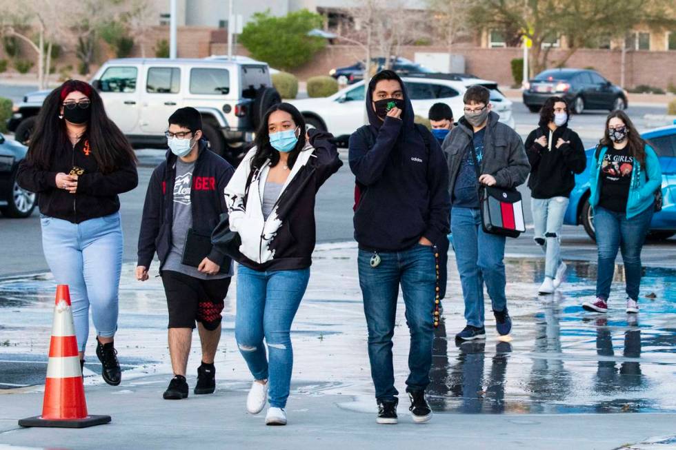 Students arrive at Liberty High School, on Monday, March 22, 2021, in Henderson. Clark County S ...