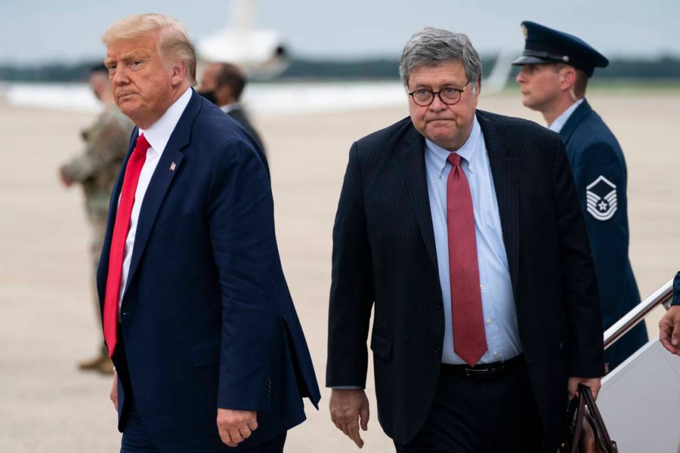 FILE--President Donald Trump and Attorney General William Barr arrive at Andrews Air Force Base ...