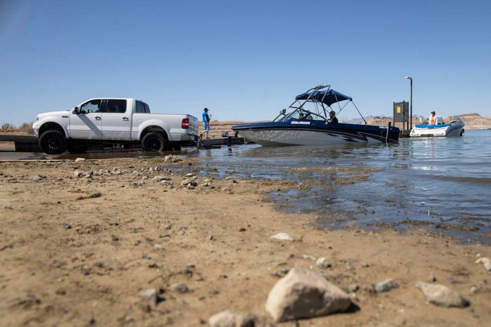 A boat is moved to the water at Hemenway Harbor in Boulder City on Wednesday, May 5, 2021. (Eri ...