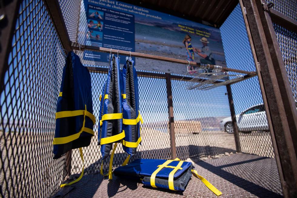 A life jacket station at Boulder Beach in Boulder City on Wednesday, May 5, 2021. (Erik Verduzc ...
