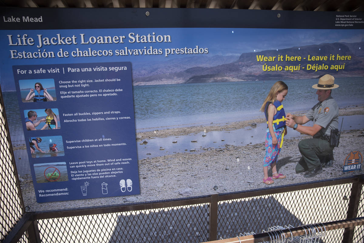 A life jacket station at Boulder Beach in Boulder City on Wednesday, May 5, 2021. (Erik Verduzc ...