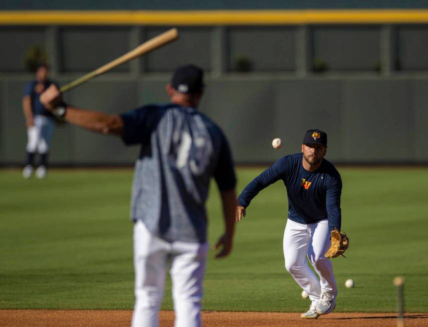 Aviators infielder Nate Mondou fields a ground ball during practice at Las Vegas Ballpark on Tu ...