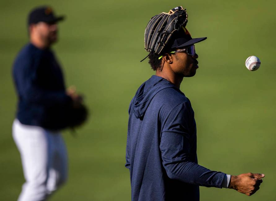 Aviators outfielder Buddy Reed warms up before the start of practice at Las Vegas Ballpark on T ...