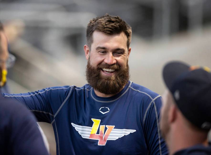 Aviators pitcher Brian Schlitter shares a laugh with teammates during practice at Las Vegas Bal ...