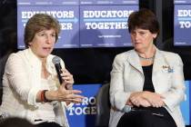 Randi Weingarten, president of American Federation of Teachers, left, and Anne Holton, wife of ...