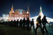 Servicemen of the Russian National Guard (Rosgvardia) gather at the Red Square to prevent a pro ...