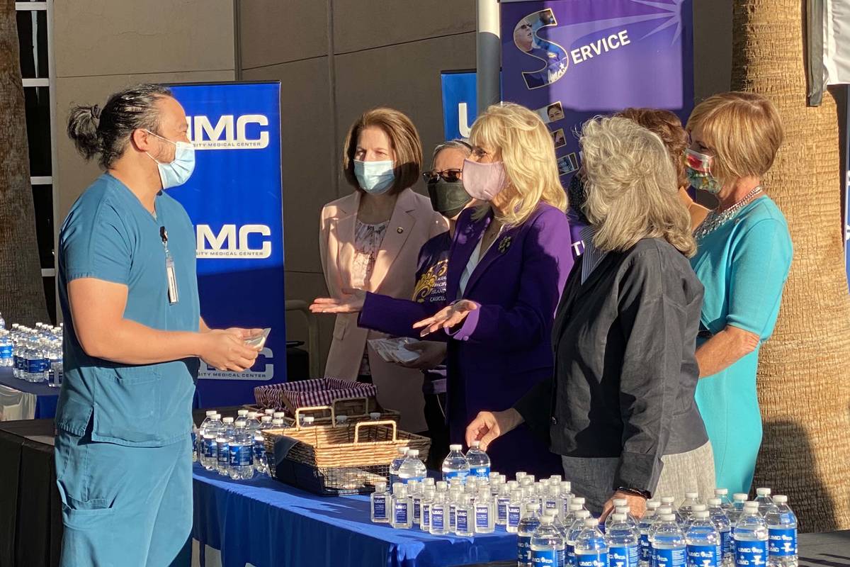 First lady Jill Biden at University Medical Center greeting and thanking nurses on Thursday, Ma ...