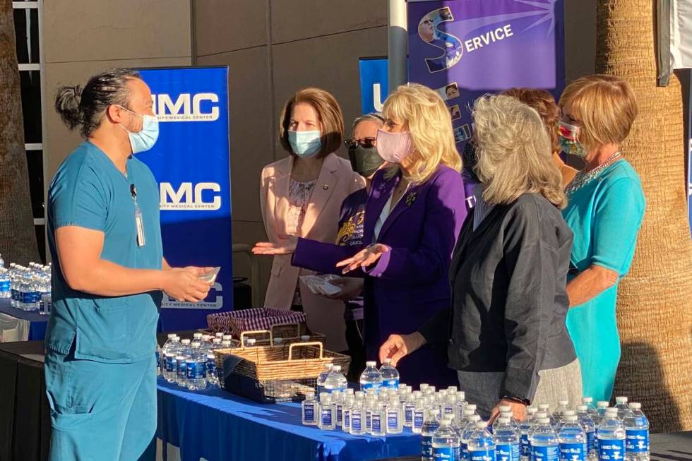 First lady Jill Biden at University Medical Center greeting and thanking nurses on Thursday, Ma ...