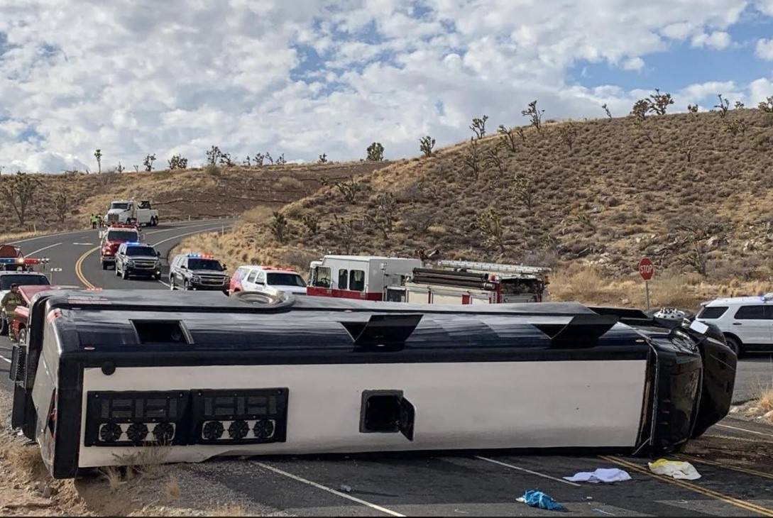 A Las Vegas-based tour bus crashed, Jan. 22, 2021, in Dolan Springs, Ariz. (Mohave County Sheri ...