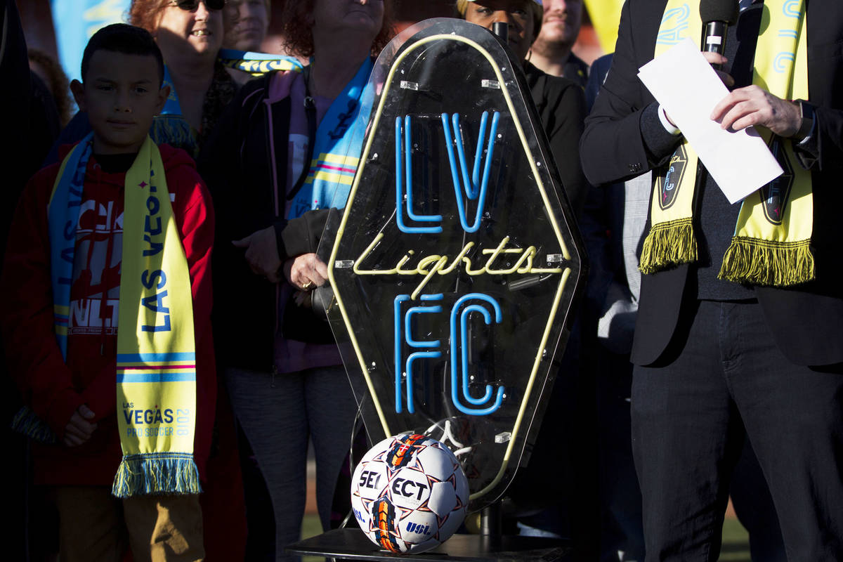 The Las Vegas Lights FC soccer team logo during an event to lay the first pieces of turf at Cas ...