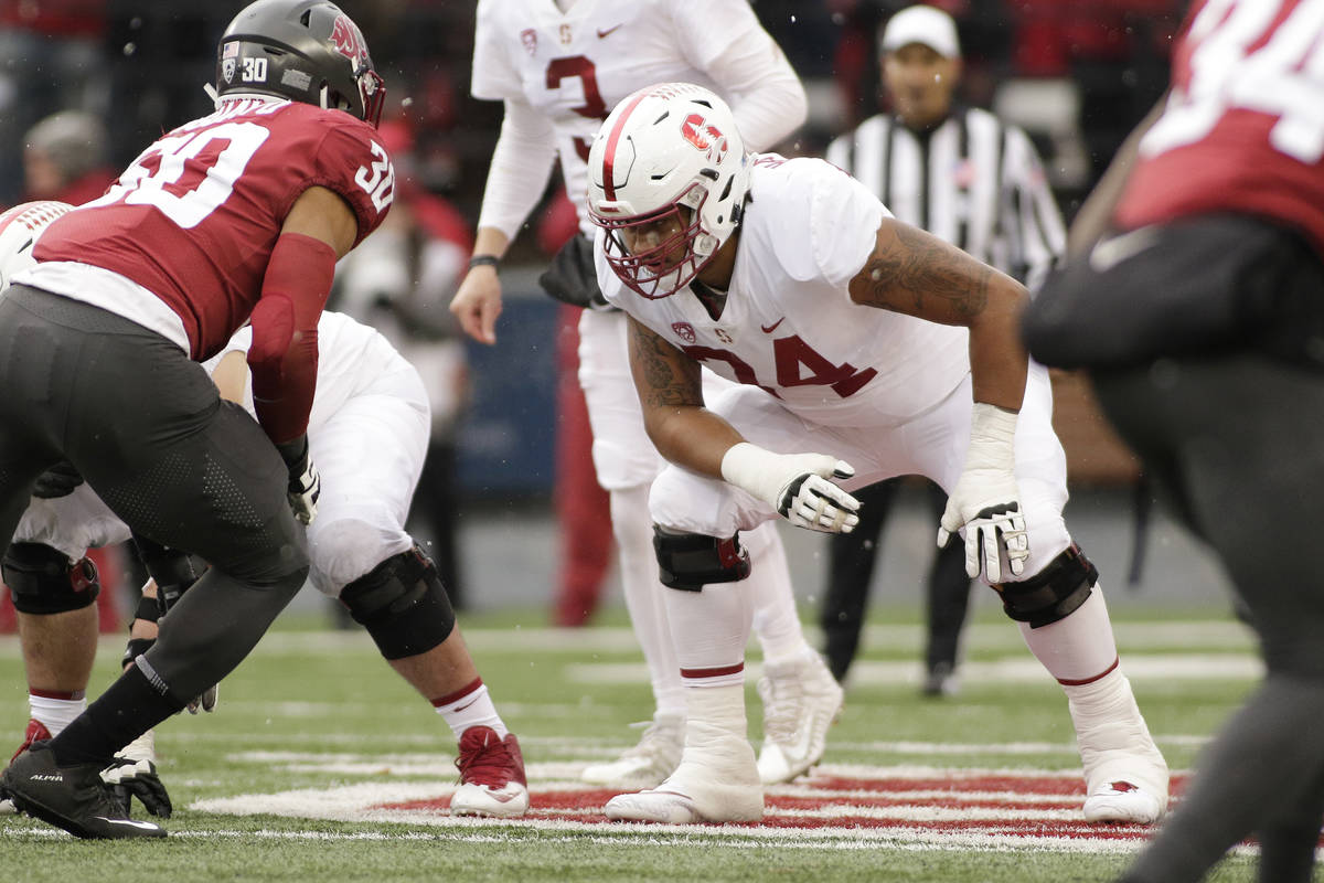 Stanford offensive tackle Devery Hamilton (74) lines up for a play during the second half of an ...
