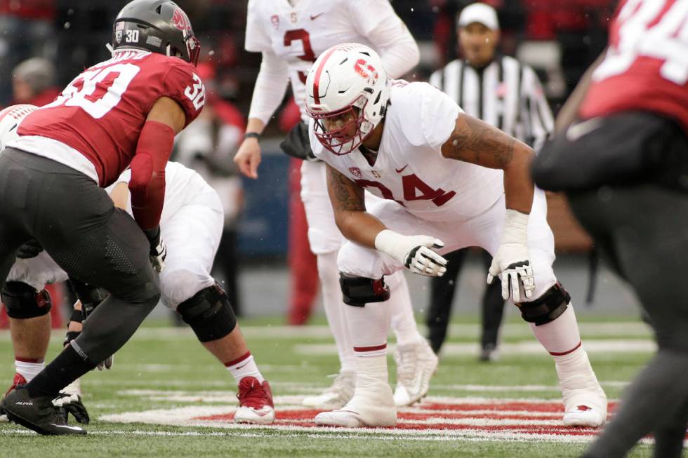 Stanford offensive tackle Devery Hamilton (74) lines up for a play during the second half of an ...