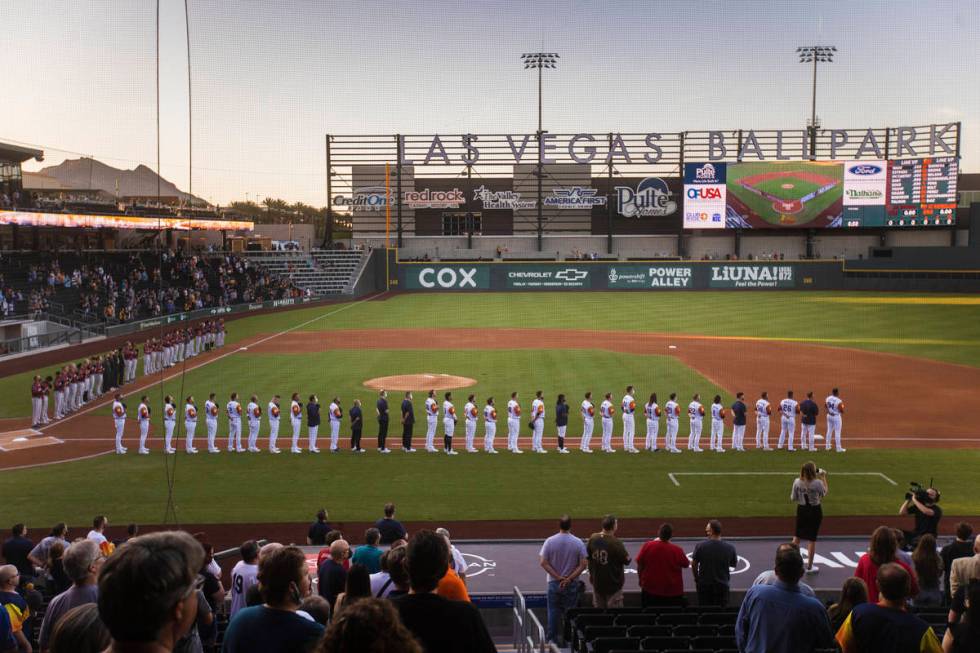 The national anthem is played before the start of a Triple-A baseball game between the Las Vega ...