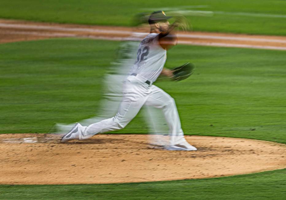 Las Vegas Aviators pitcher James Kaprielian (32) makes a pitch in the bottom of the third innin ...