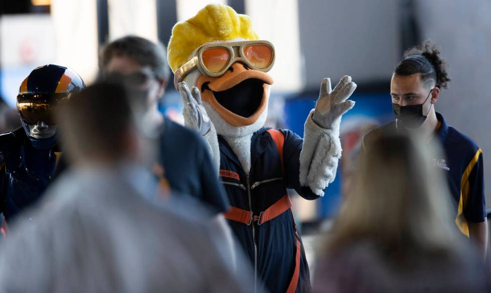 Spruce the Goose fires up fans before the start of a Triple-A baseball game between the Las Veg ...