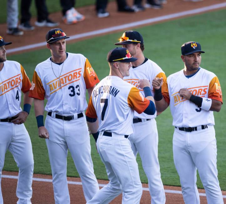 Las Vegas Aviators outfielder Greg Deichmann (7) is announced before the start of a Triple-A ba ...