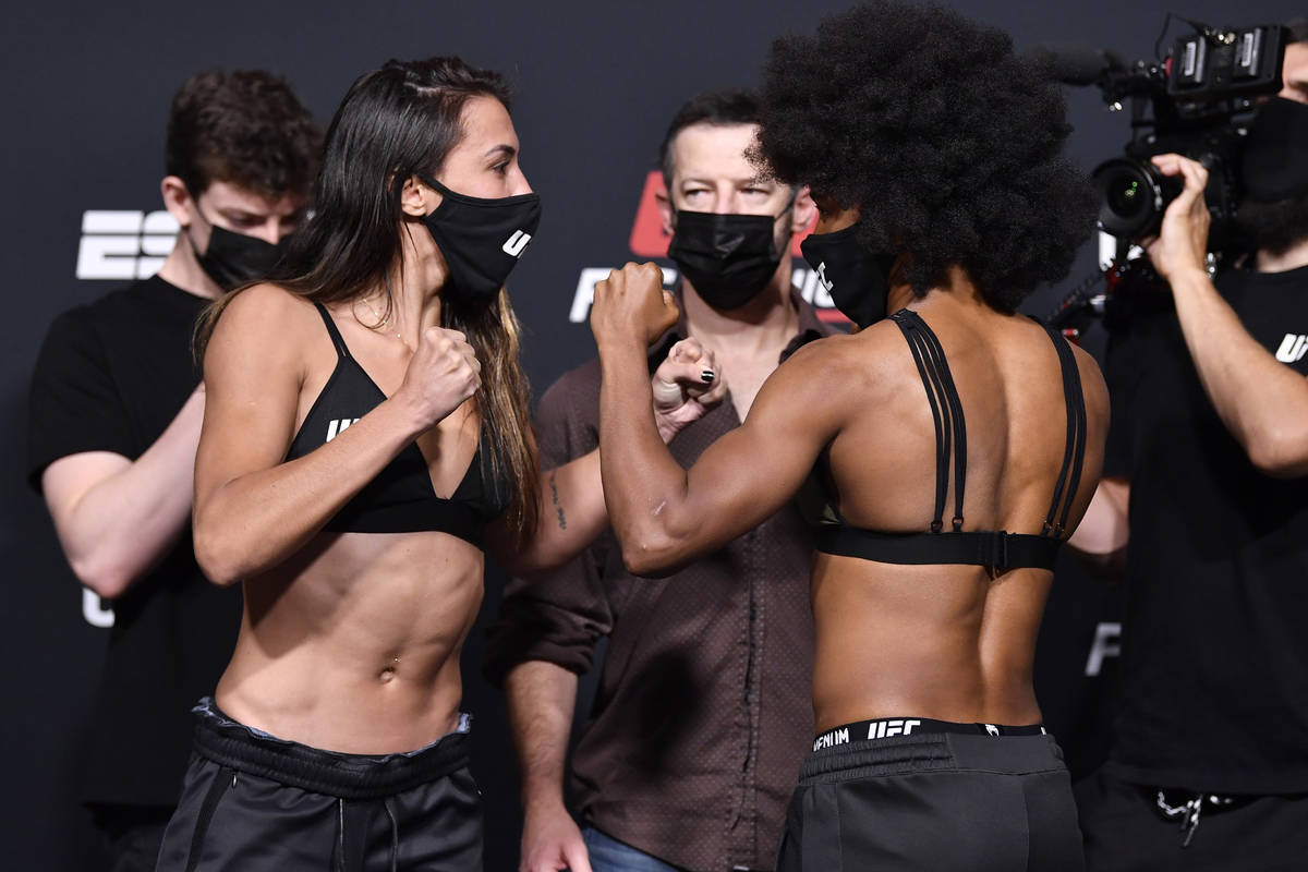 Amanda Ribas, left, of Brazil and Angela Hill face off during the UFC weigh-in at UFC APEX on M ...