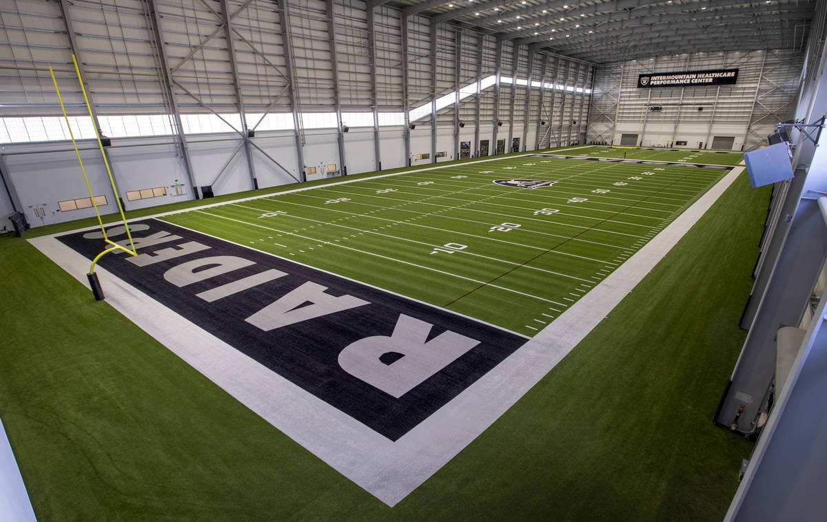 A second-floor view of the indoor practice field within the Las Vegas Raiders headquarters on W ...