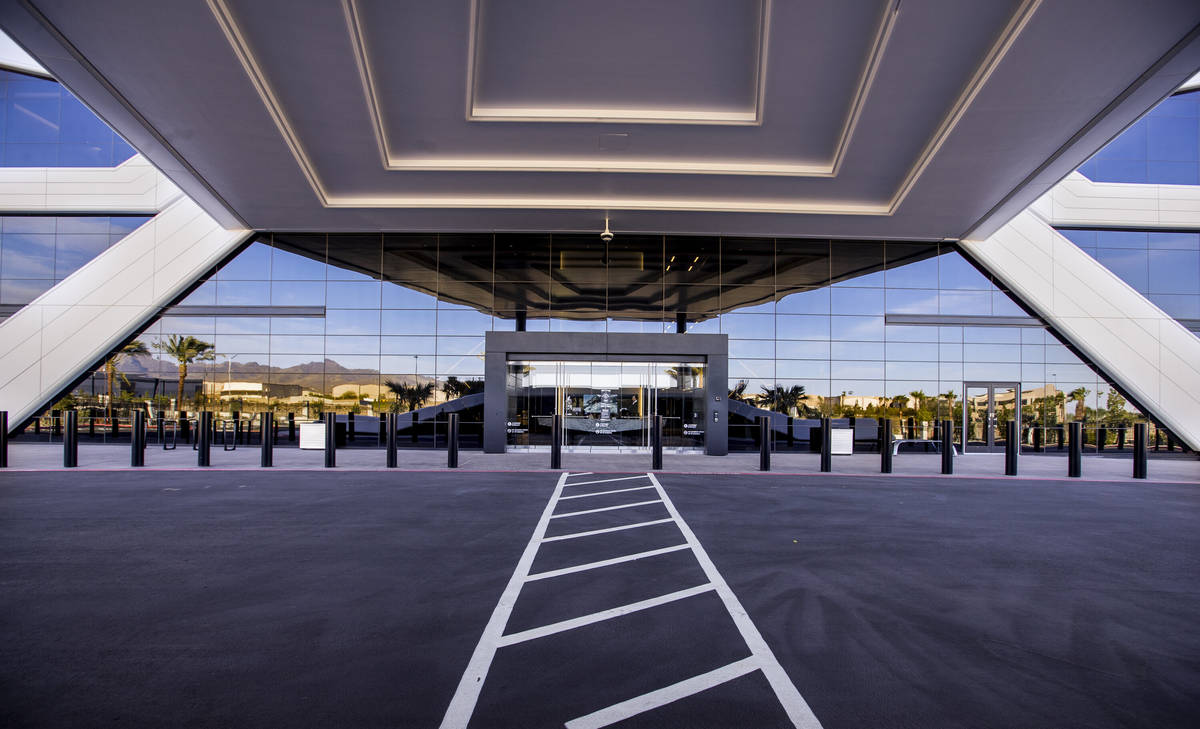 The front entrance of the Las Vegas Raiders headquarters on Wednesday, April 14, 2021 in Hender ...